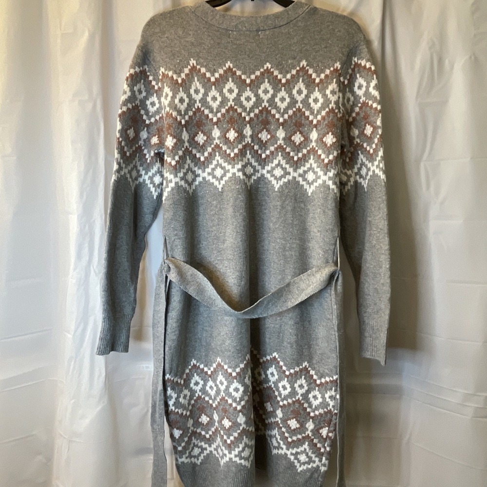 Lucky Brand Dress Women Large‎ Gray Pink Fair Isle Nordic Sweater Knit Tie Boho - Picture 11 of 13
